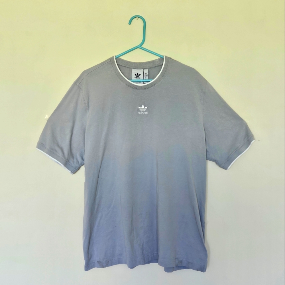 Thrifted Men's Large Grey Adidas Embroidered Logo Shirt with White Accents